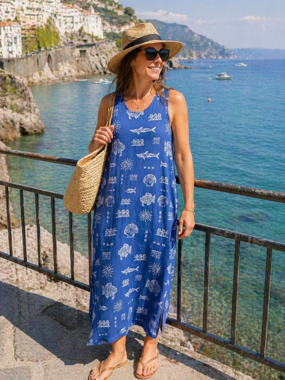 Vintage 100% Cotton Nautical Woodblock Blue Resort Wear Maxi Dress, Size Large